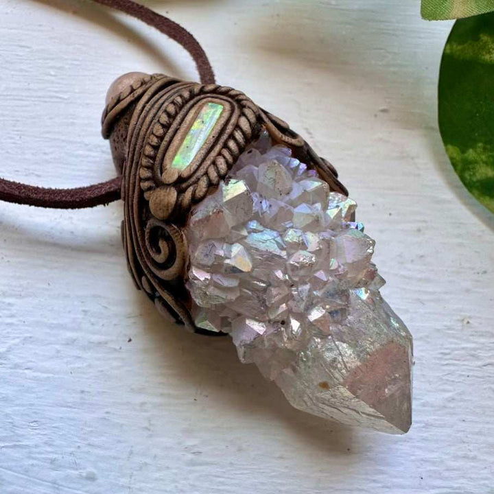 Angel Aura Spirit Quartz Morganite and Australian Opal Pendant Necklace - FairyGardenGlow