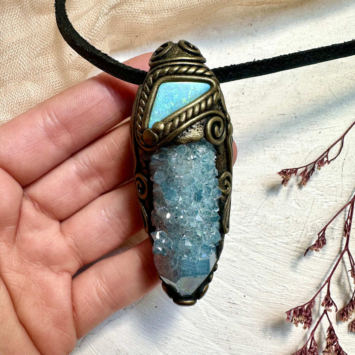 Aqua Aura Spirit Quartz and Australian Opal Doublet Necklace - FairyGardenGlow