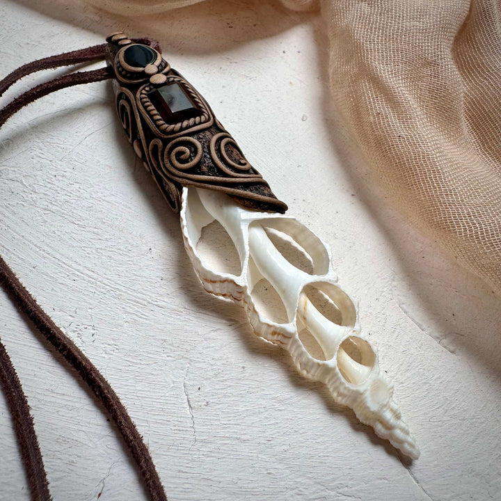 Smoky Citrine and Black Onyx Seashell Necklace - FairyGardenGlow
