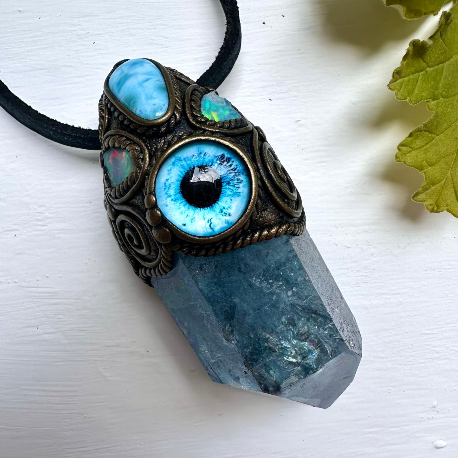 Aqua Aura Quartz Larimar and Raw Opal Eye Wand / Pendant - FairyGardenGlow