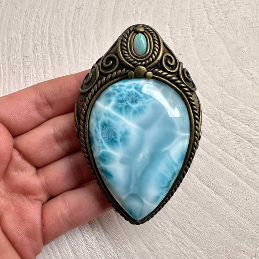 Large Larimar and Australian Opal Crystal Necklace, Unique Gemstone Pendant FairyGardenGlow