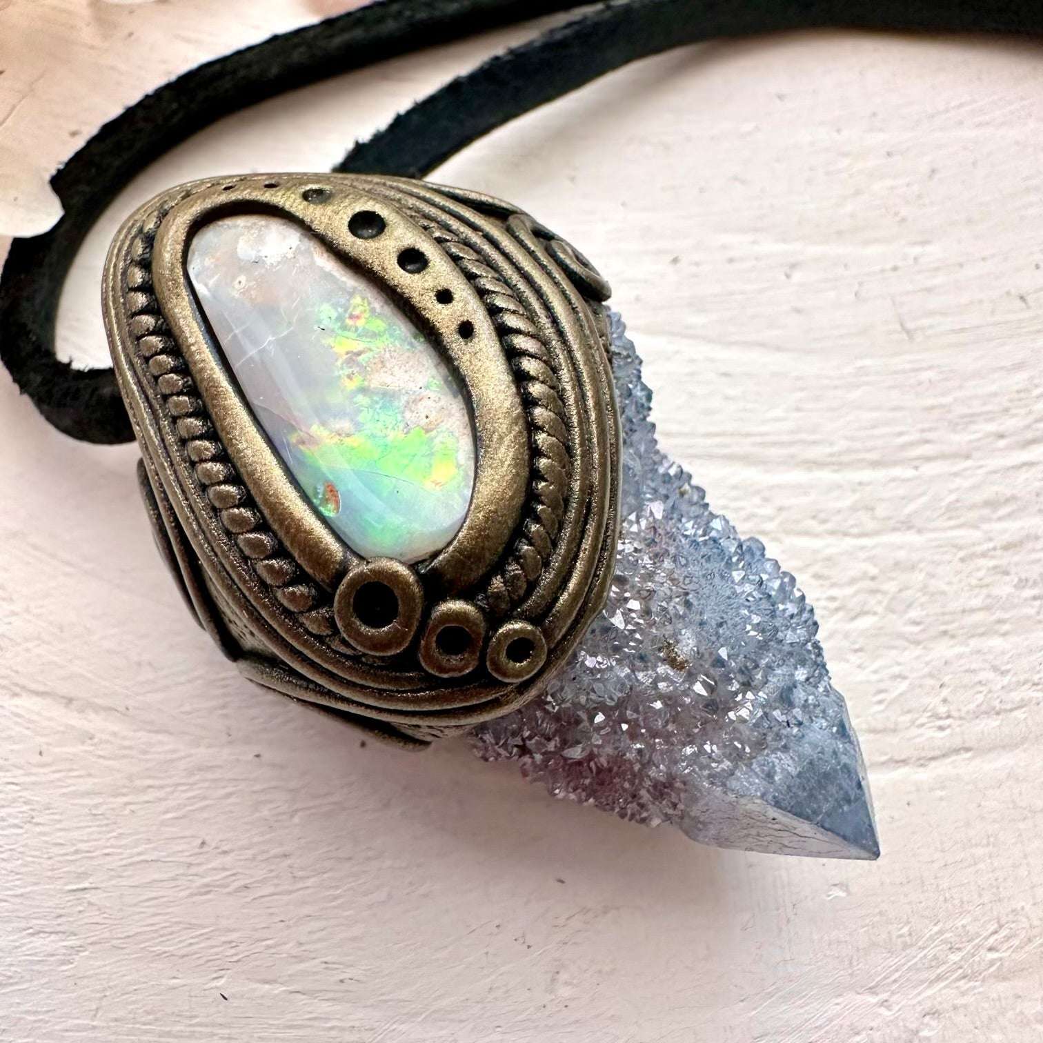 Aqua Aura Spirit Quartz and Coober Pedy Australian Opal Necklace - FairyGardenGlow