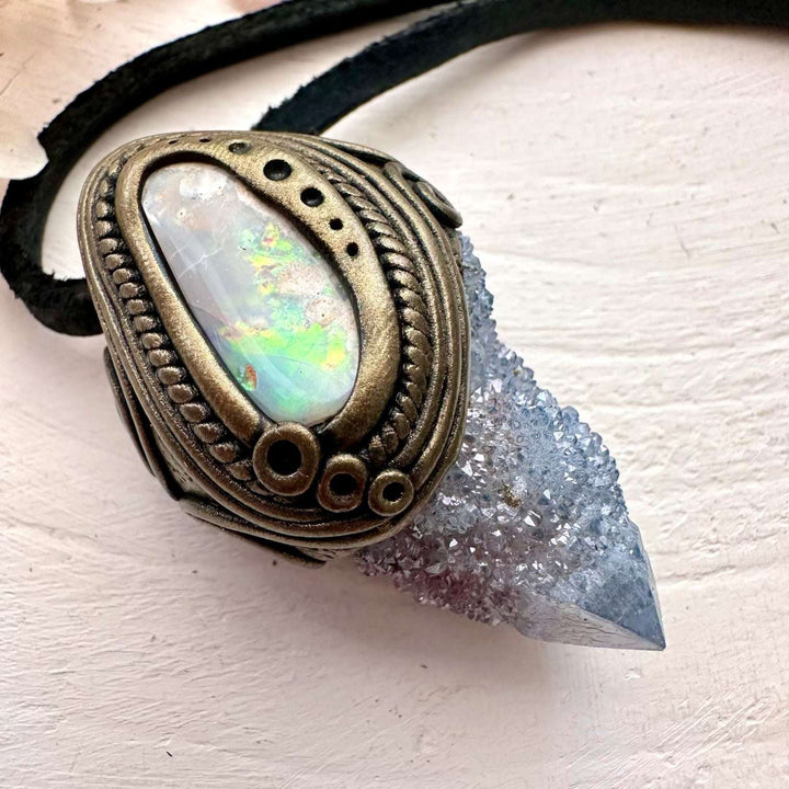 Aqua Aura Spirit Quartz and Coober Pedy Australian Opal Necklace - FairyGardenGlow
