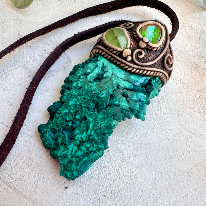 One of a kind crystal necklace with natural Malachite and Ammolite