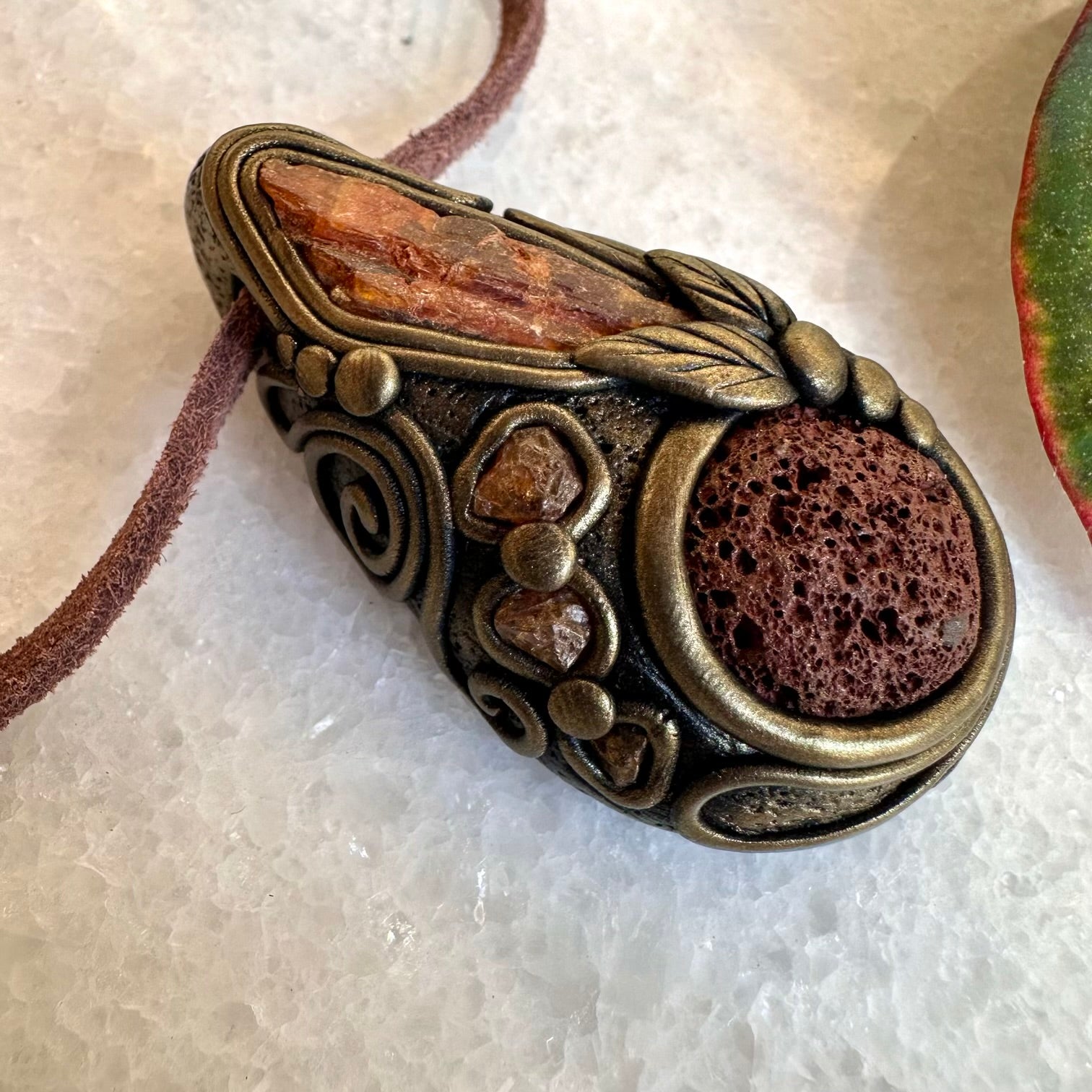 Red Lava Stone Orange Kyanite and Hessonite Garnet Necklace - FairyGardenGlow