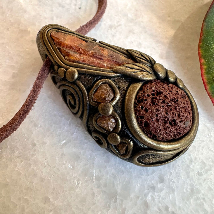 Red Lava Stone Orange Kyanite and Hessonite Garnet Necklace - FairyGardenGlow