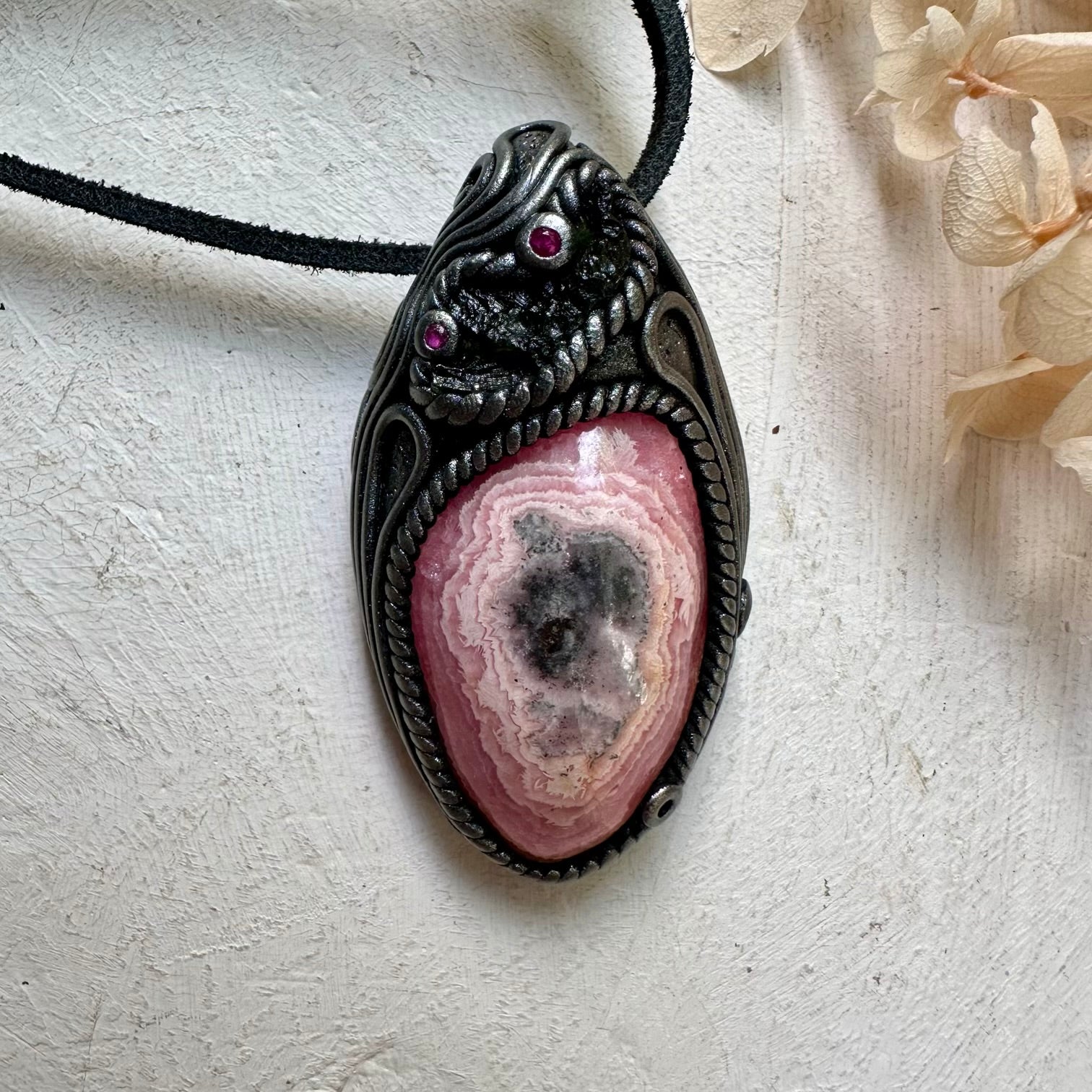 Rhodochrosite Moldavite and Ruby Clay Crystal Necklace - FairyGardenGlow