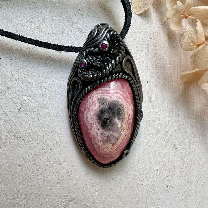 Rhodochrosite Moldavite and Ruby Clay Crystal Necklace - FairyGardenGlow