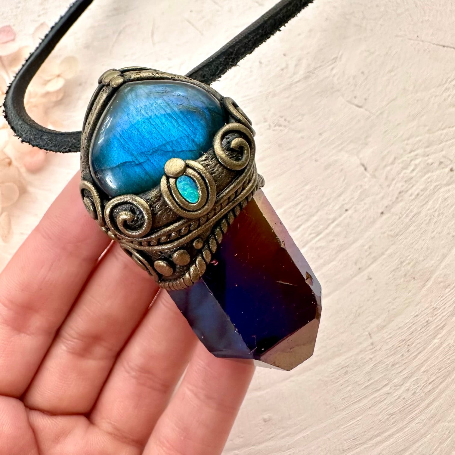 Cobalt Aura Quartz Labradorite and Australian Opal Doublet Pendant Necklace - FairyGardenGlow