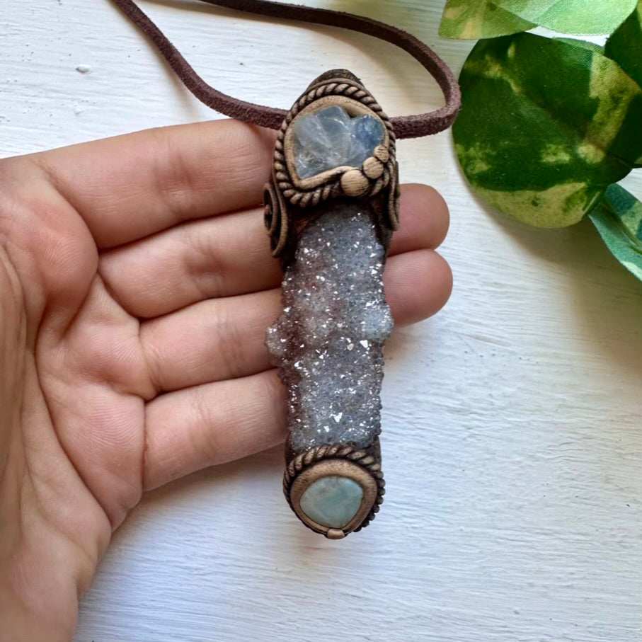 Aqua Aura Spirit Quartz Blue Calcite and Larimar Pendant Necklace - FairyGardenGlow