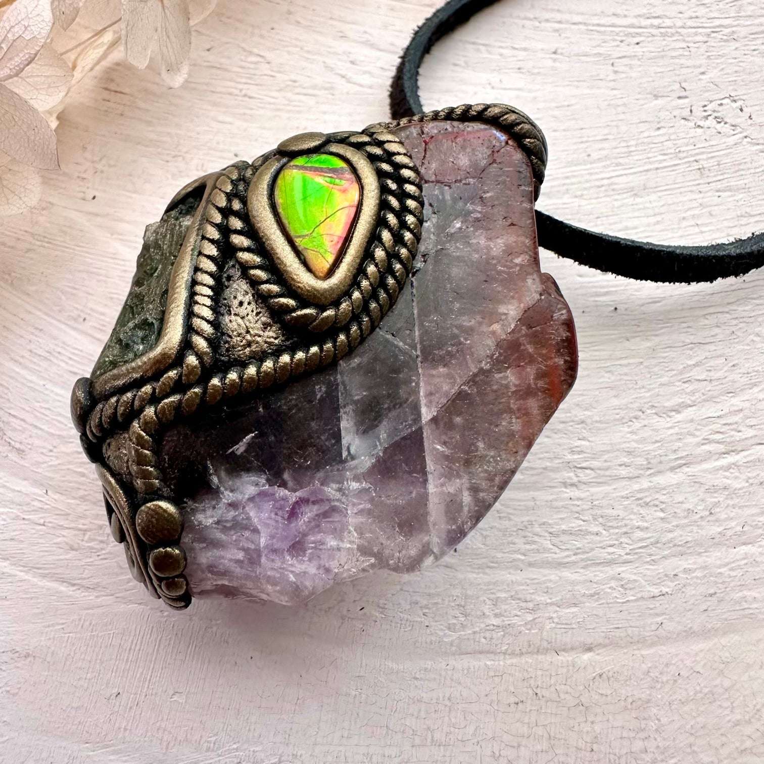 Super Seven Quartz Ammolite and Moldavite Pendant, Handmade Crystal Necklace - FairyGardenGlow