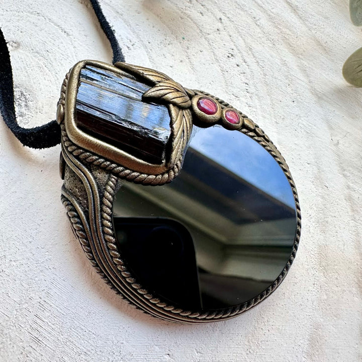 Scrying crystal pendant necklace handmade with natural protection stones