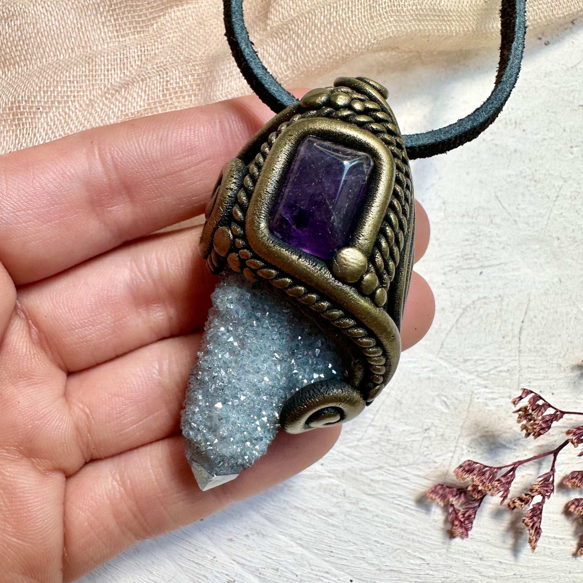 Aqua Aura Spirit Quartz and Amethyst Pendant Necklace - FairyGardenGlow