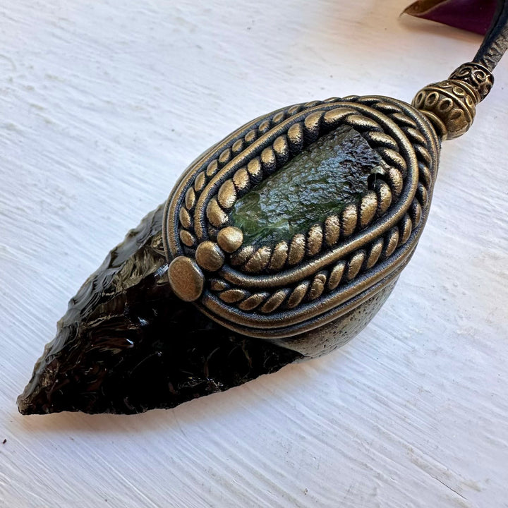 Black Obsidian Arrowhead and Moldavite Necklace - FairyGardenGlow