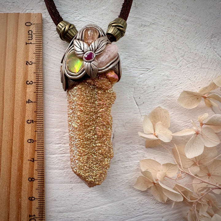 Sunset Aura Spirit Quartz Morganite Imperial Topaz Ethiopian Opal and Ruby Pendant Necklace - FairyGardenGlow