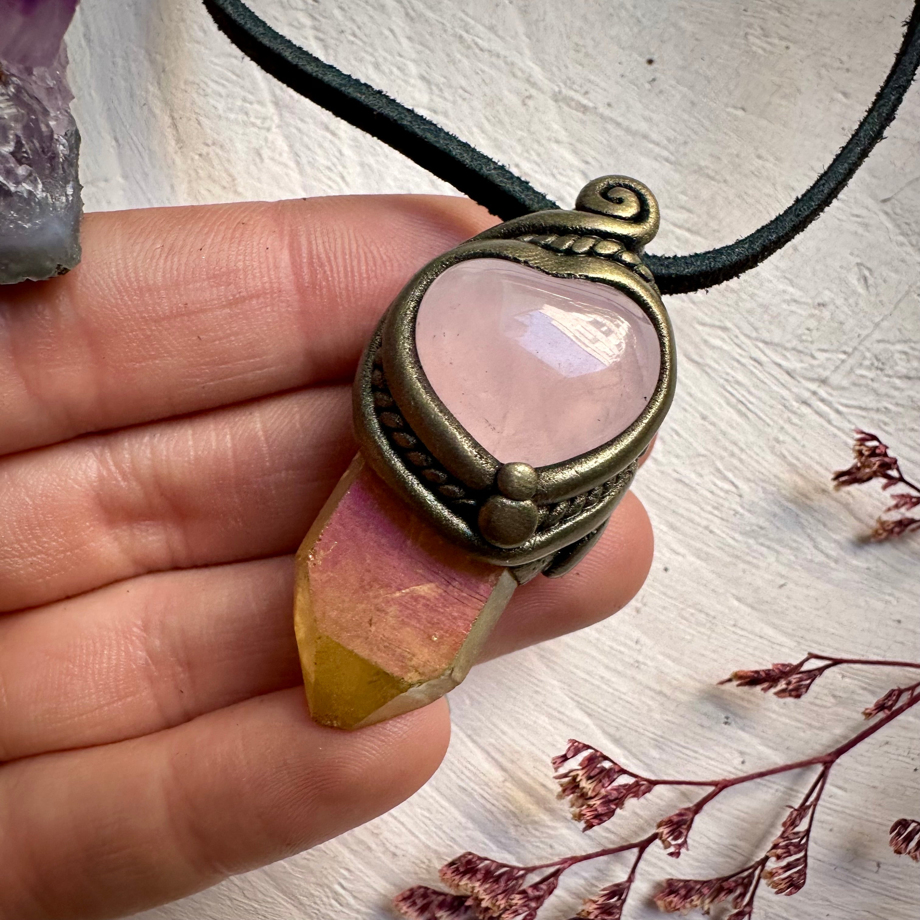Sunset Aura Quartz and Rose Quartz Heart Necklace - FairyGardenGlow
