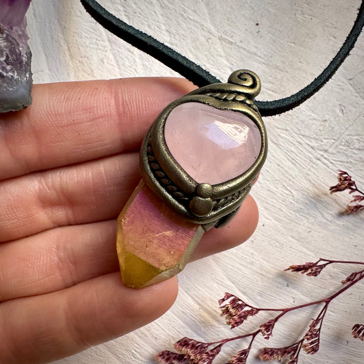 Sunset Aura Quartz and Rose Quartz Heart Necklace - FairyGardenGlow