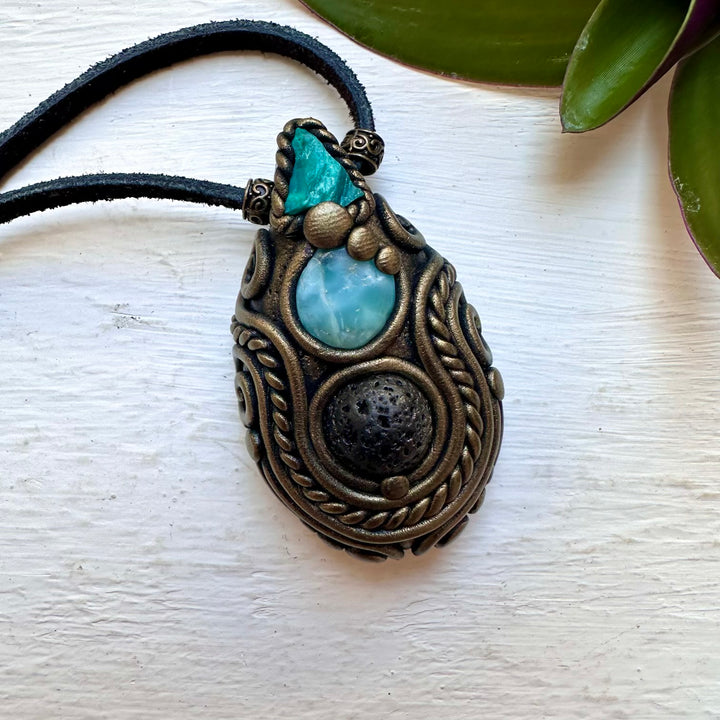 Lava Stone Larimar and Raw Chrysocolla Necklace - FairyGardenGlow