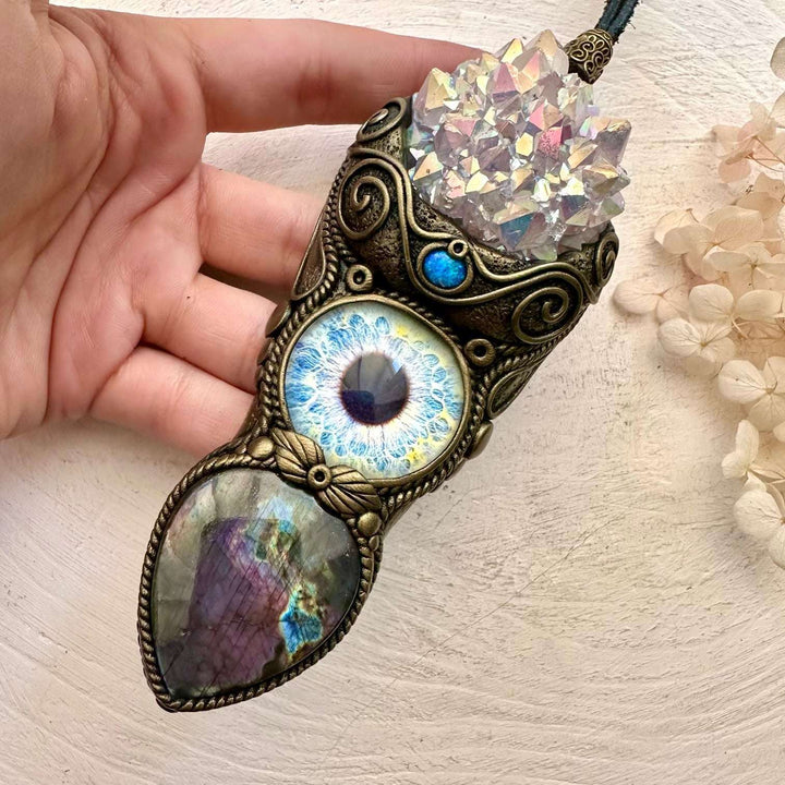 Angel Aura Amethyst Cluster Purple Labradorite and Australian Opal Eye Wand / Pendant - FairyGardenGlow