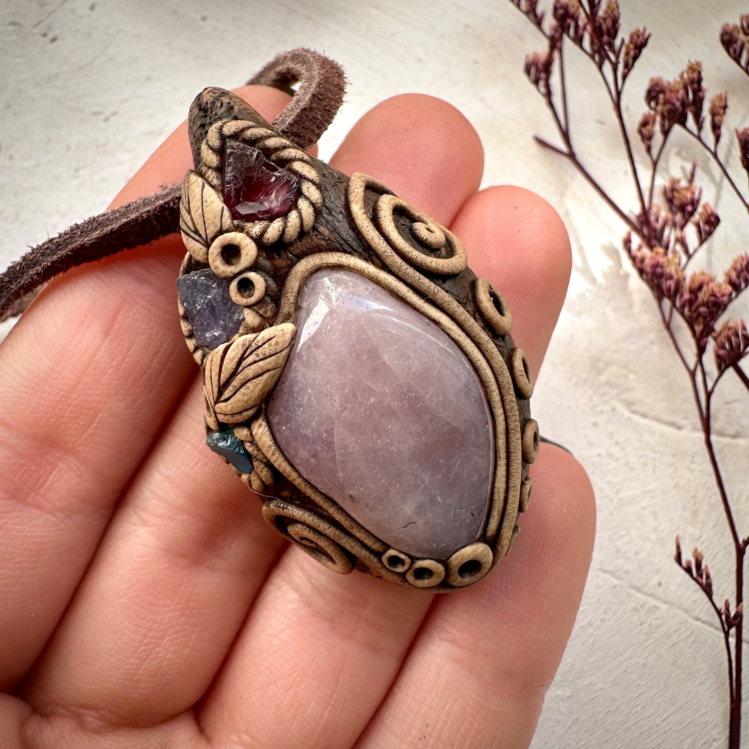 Lavender Quartz Rhodolite Garnet Tanzanite and Blue Apatite Pendant Necklace - FairyGardenGlow