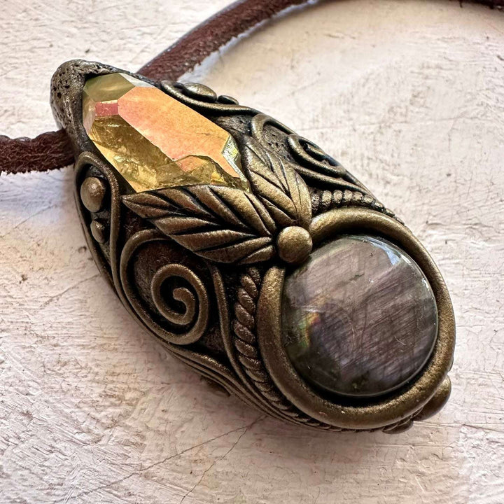 Labradorite and Sunset Aura Quartz Necklace - FairyGardenGlow