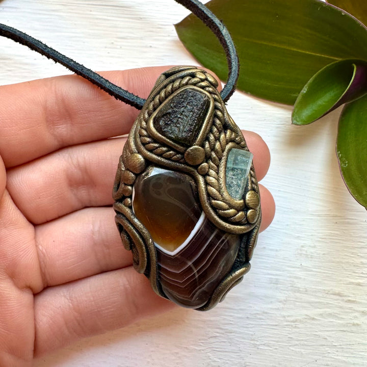 Botswana Agate Aquamarine and Moldavite Necklace, Handmade Crystal Jewelry - FairyGardenGlow