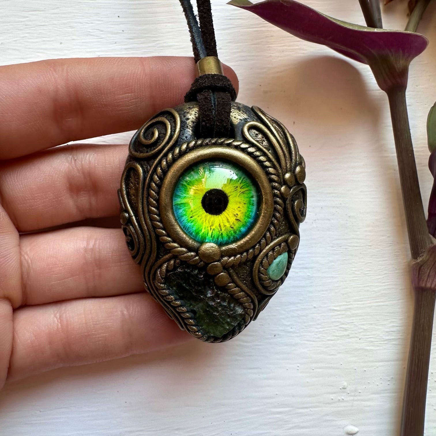 Moldavite and Tibetan Turquoise Eye Necklace - FairyGardenGlow