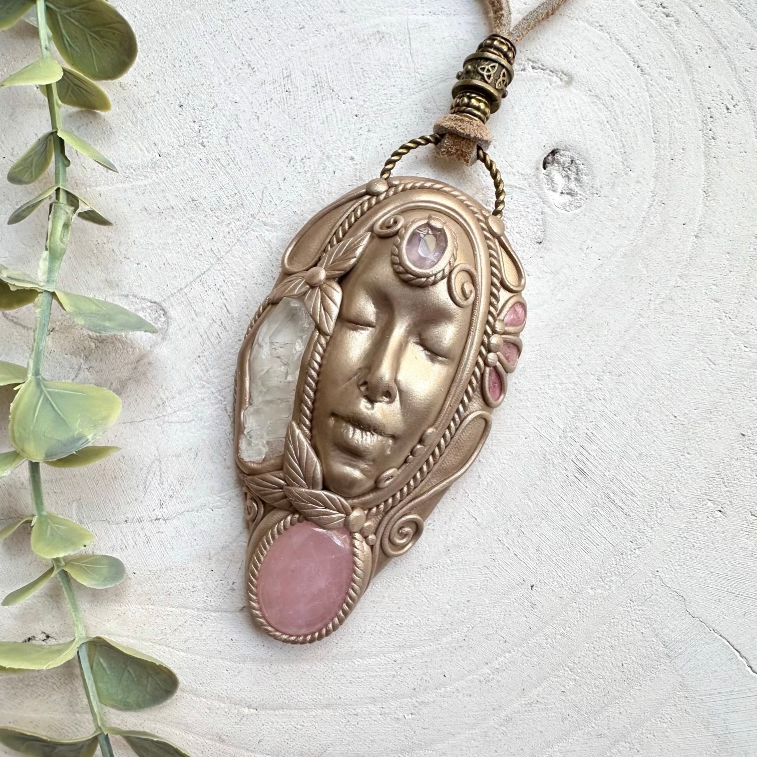 Artisan goddess necklace with amethyst and faden quartz gemstones