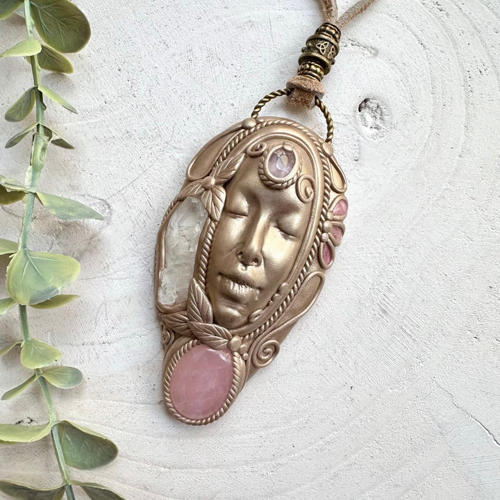 Artisan goddess necklace with amethyst and faden quartz gemstones