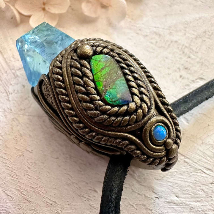 Aqua Aura Quartz Ammolite and Australian Opal Pendant Necklace - FairyGardenGlow