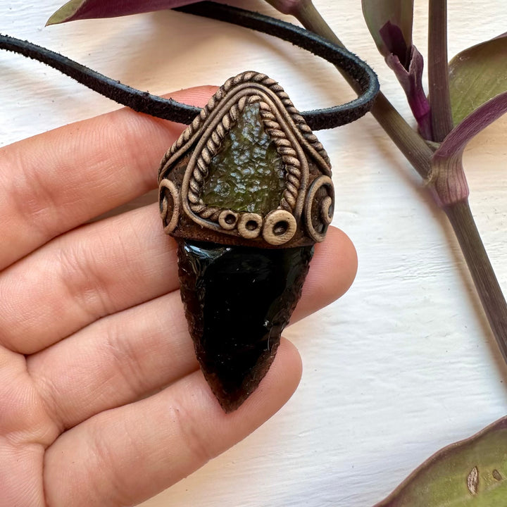 Black Obsidian Arrowhead and Moldavite Necklace - FairyGardenGlow