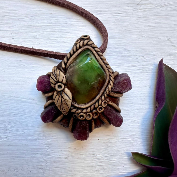 Raw Ruby and Chrysoprase Necklace - FairyGardenGlow