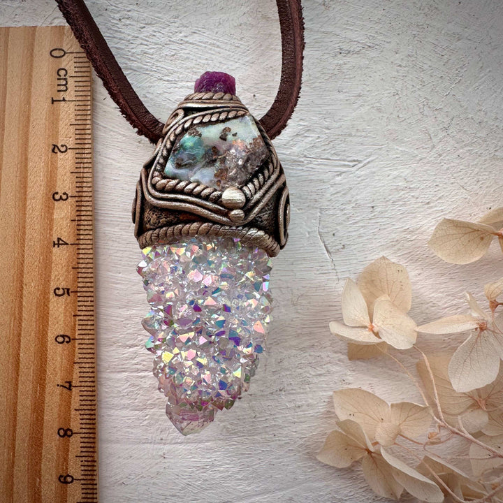 Angel Aura Spirit Quartz Boulder Opal and Ruby Pendant Necklace - FairyGardenGlow