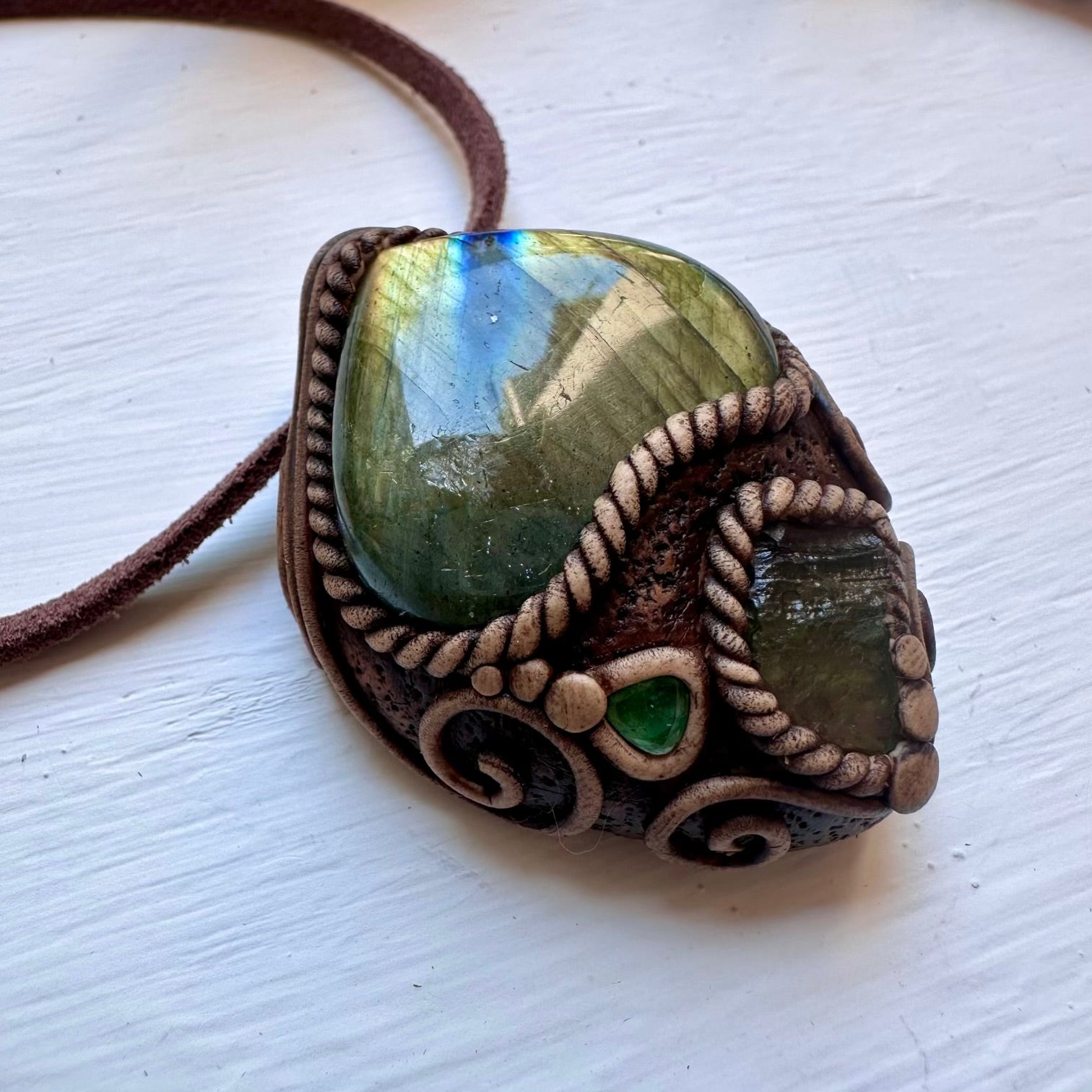 Labradorite Moldavite and Emerald Necklace - FairyGardenGlow