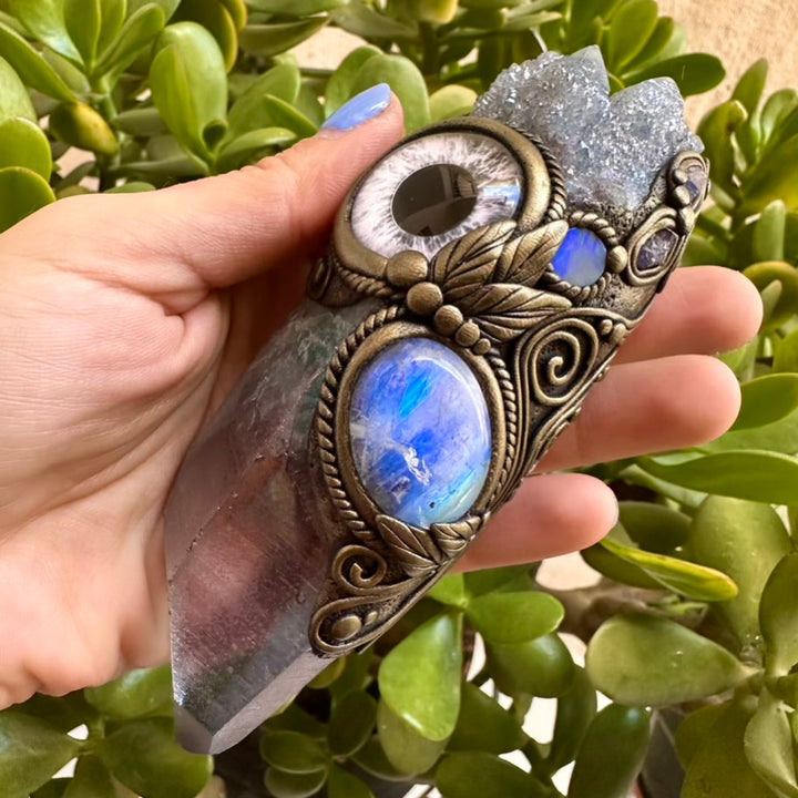 Aqua Aura Quartz Rainbow Moonstone Aqua Aura Spirit Quartz Australian Opal and Tanzanite Third Eye Healing Crystal Wand - FairyGardenGlow