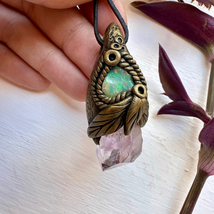 Raw Amethyst and Raw Opal Necklace - FairyGardenGlow