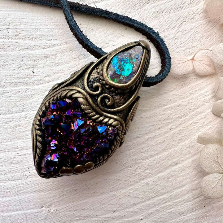 Cobalt Aura Quartz Cluster and Boulder Opal Pendant Necklace - FairyGardenGlow