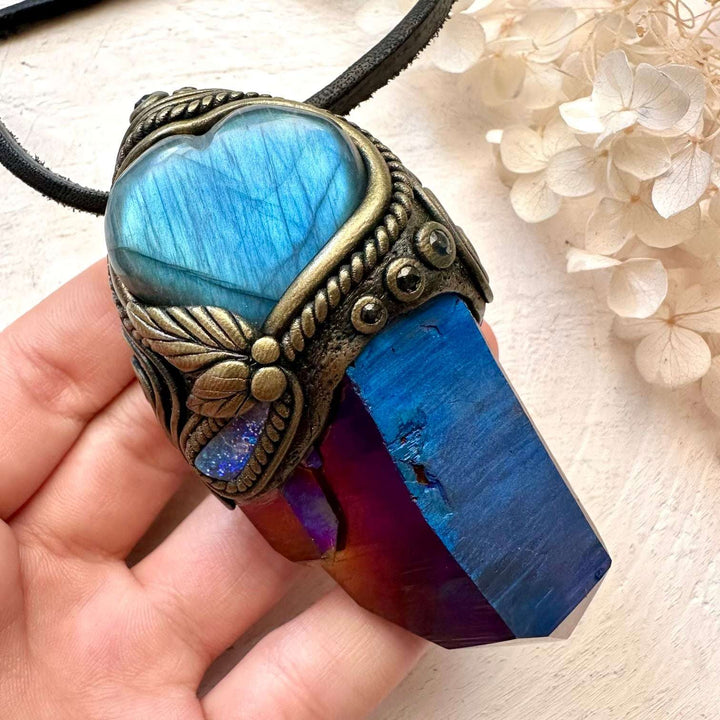 Cobalt Aura Quartz, Blue Labradorite Heart, Boulder Opal and Blue Sapphire Crystal Wand / Unique Crystal Pendant - FairyGardenGlow