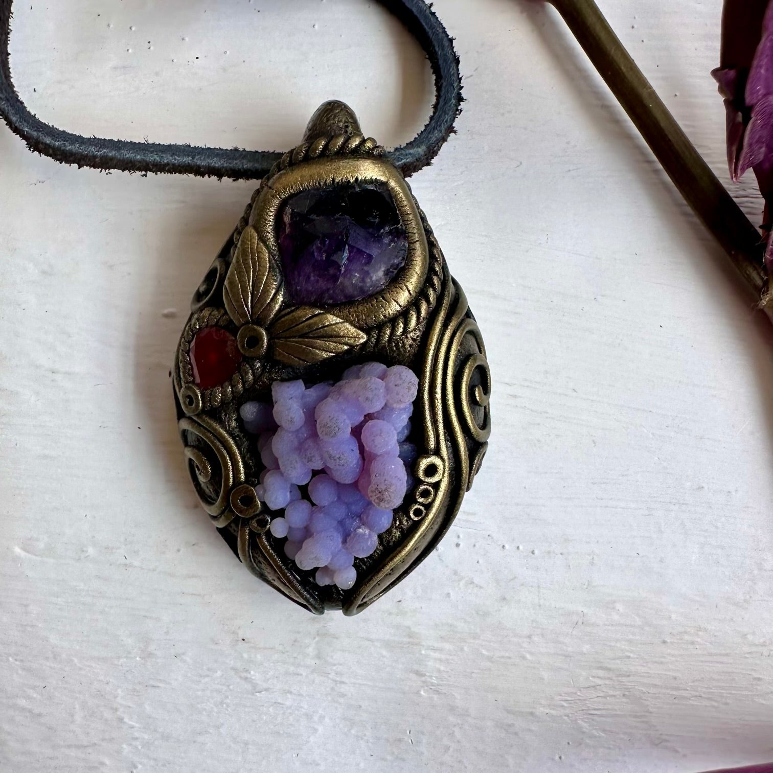 Grape Chalcedony Amethyst and Red Garnet Pendant Necklace - FairyGardenGlow