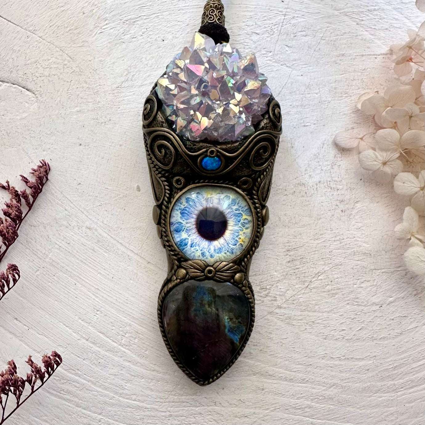 Angel Aura Amethyst Cluster Purple Labradorite and Australian Opal Eye Wand / Pendant - FairyGardenGlow