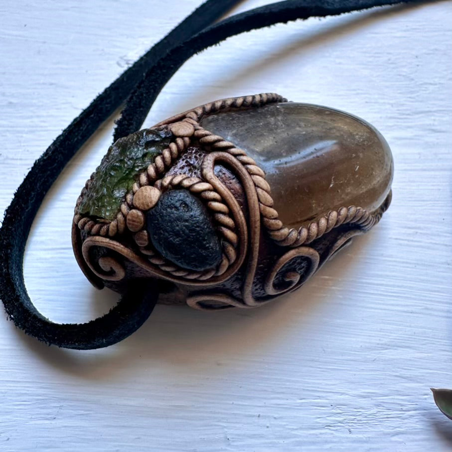 Citrine Moldavite and Black Tektite Necklace, Healing Crystal Jewelry - FairyGardenGlow