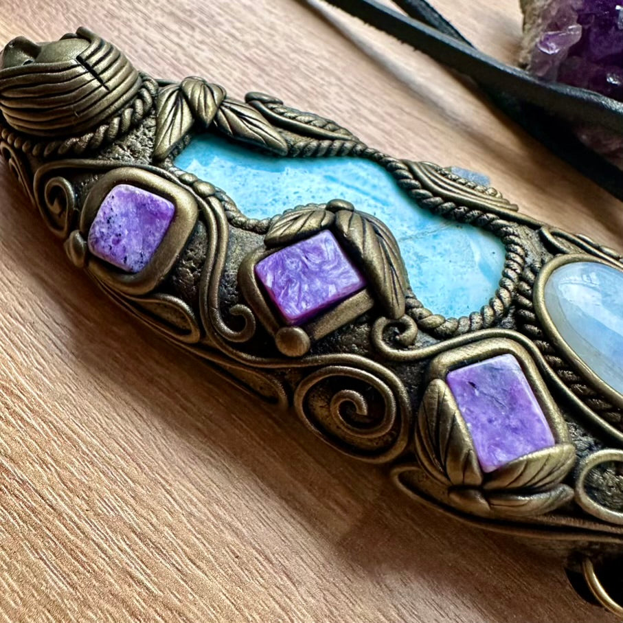 Larimar, Aqua Aura Quartz, Charoite, Rainbow Moonstone, Blue Sapphire and Moldavite Goddess Healing Crystal Talisman / Unique Handmade Wand-Pendant - FairyGardenGlow