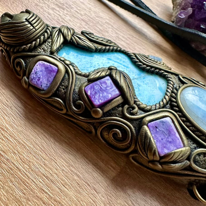Larimar, Aqua Aura Quartz, Charoite, Rainbow Moonstone, Blue Sapphire and Moldavite Goddess Healing Crystal Talisman / Unique Handmade Wand-Pendant - FairyGardenGlow