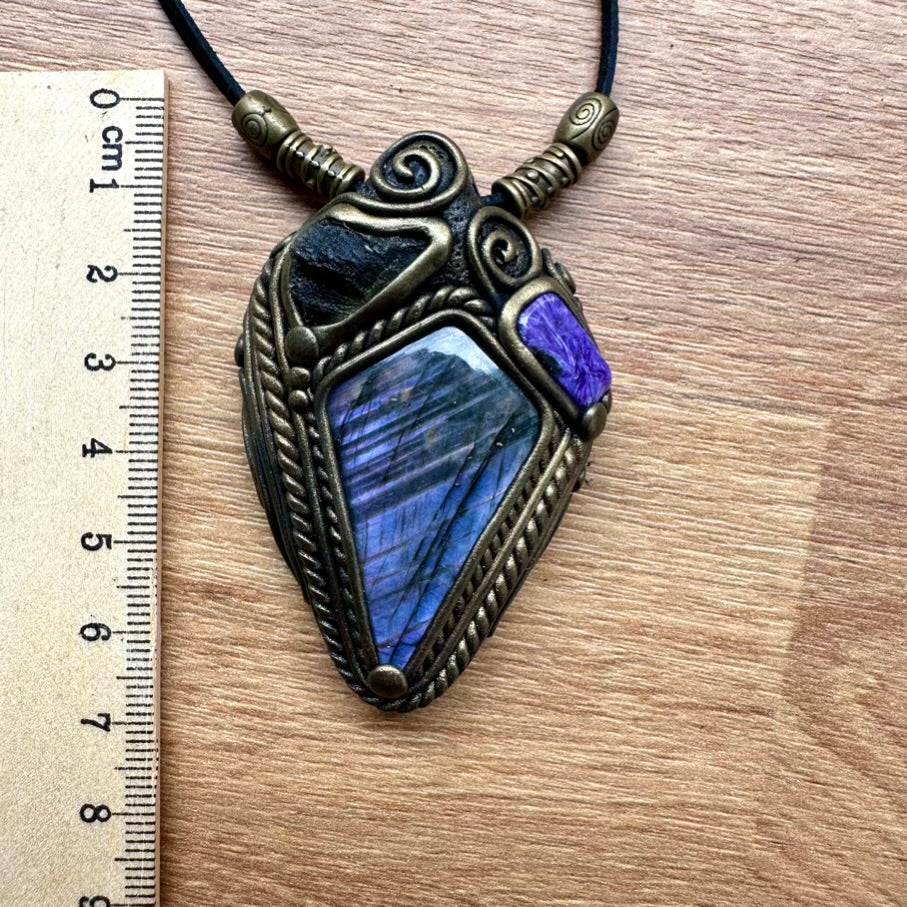 Purple Labradorite Moldavite and Charoite Necklace - FairyGardenGlow