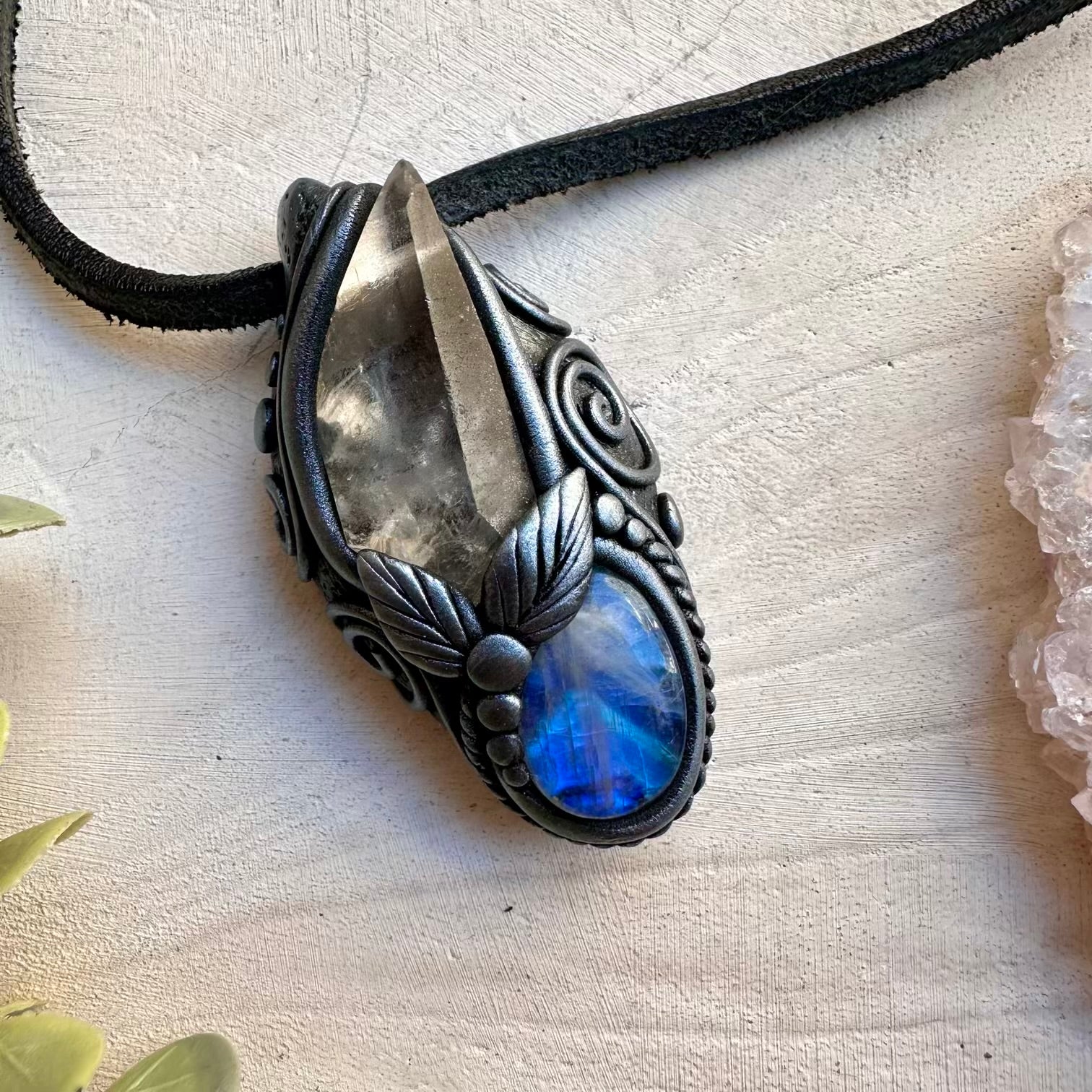 Lemurian Seed Quartz and Rainbow Moonstone Pendant Necklace