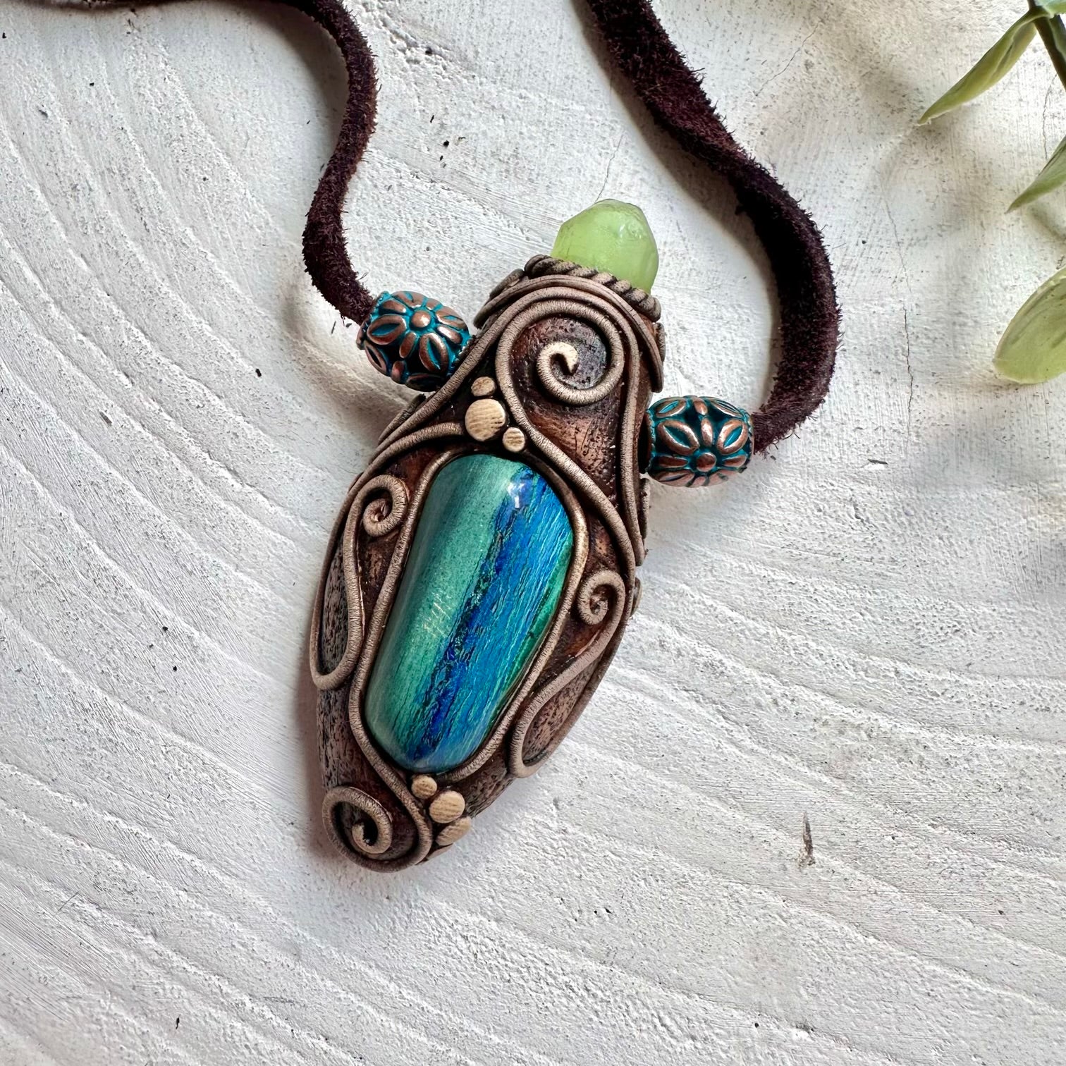 Spiritual crystal pendant necklace with Malachite Azurite and Peridot