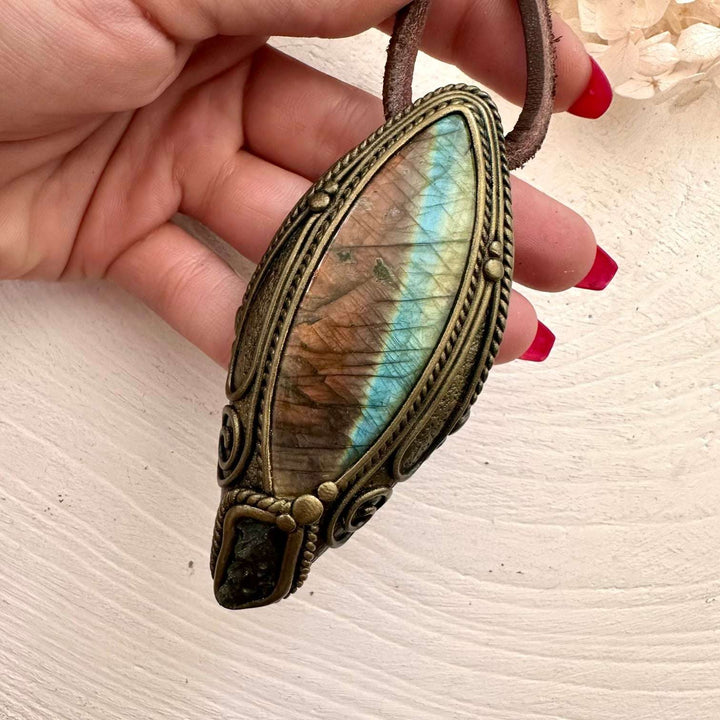 Labradorite and Moldavite Pendant Necklace - FairyGardenGlow