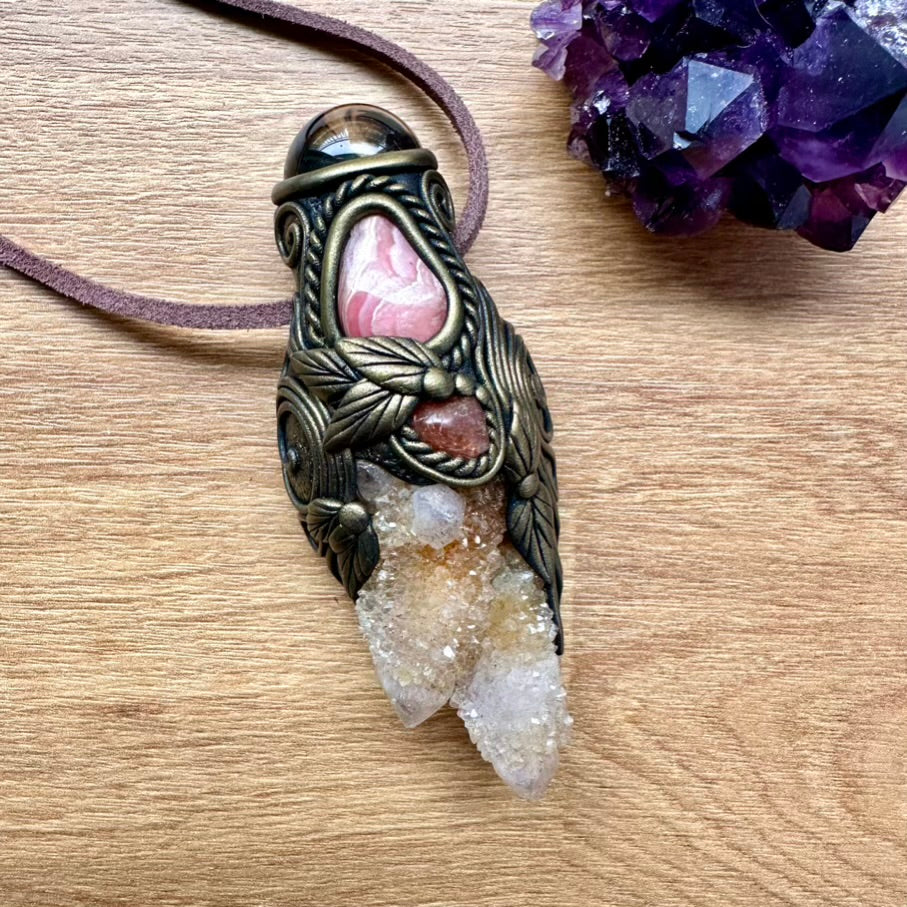 Spirit Quartz Smoky Quartz Rhodochroiste and Sunstone Crystal Talisman / Handmade Gemstone Wand-Pendant - FairyGardenGlow
