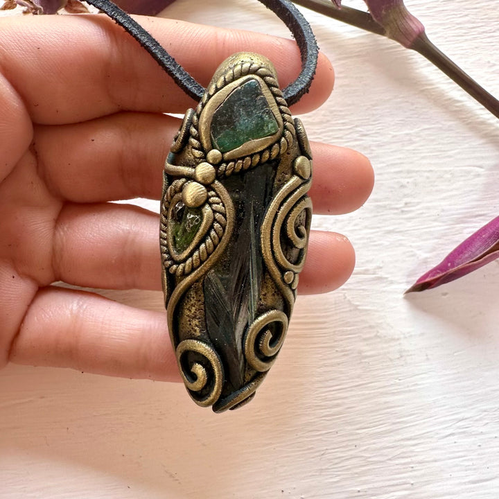 Vivianite Blue-Green Tourmaline and Moldavite Pendant Necklace - FairyGardenGlow