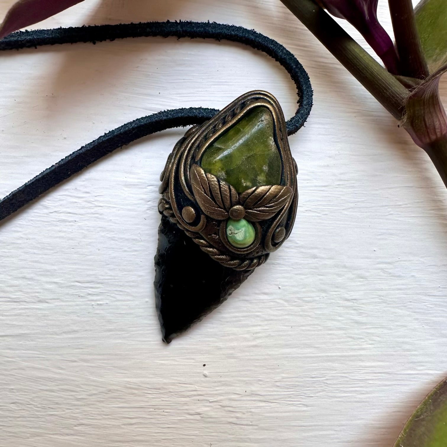Black Obsidian Arrowhead Vesuvianite and Tibetan Turquoise Pendant - FairyGardenGlow